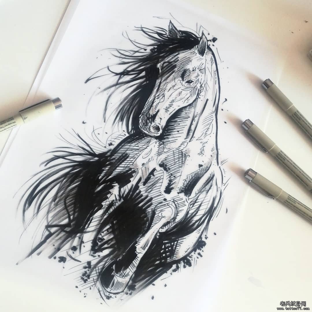 黑灰马纹身手稿