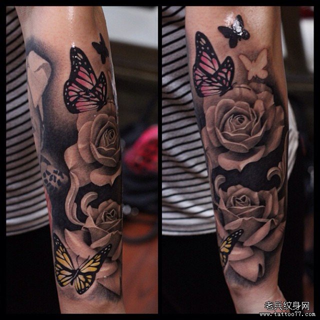 小臂写实玫瑰蝴蝶纹身图案
