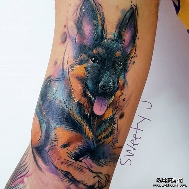 个性彩色水彩狗纹身图案