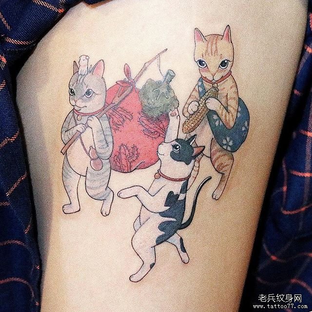 腿部个性彩色日式猫纹身图案