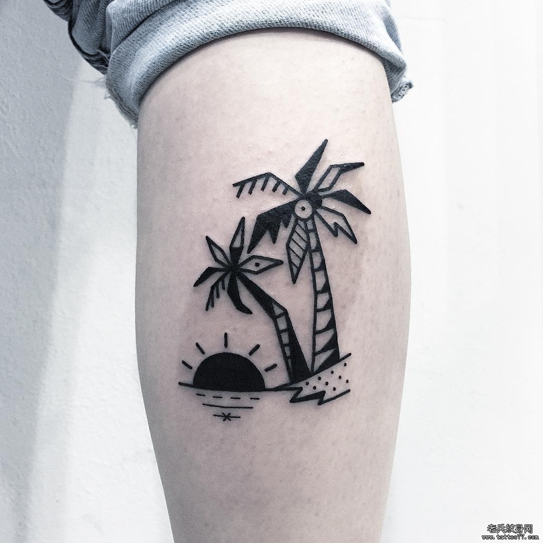 小腿几何椰子树纹身