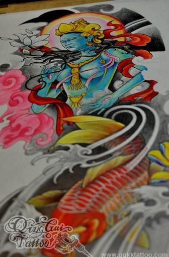 传统鲤鱼女神纹身图案