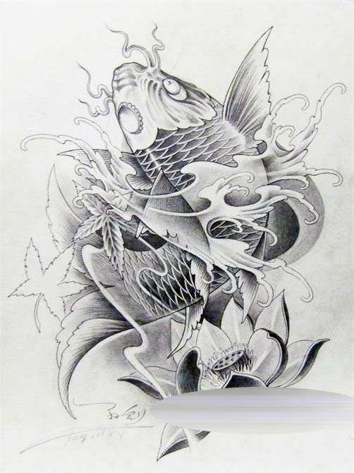 鲤鱼浪花纹身图片