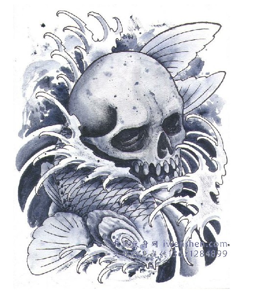 骷髅鲤鱼纹身图案图片