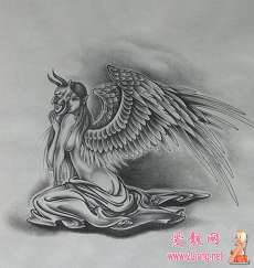天使纹身图案大全:黑白天使纹身图案图片