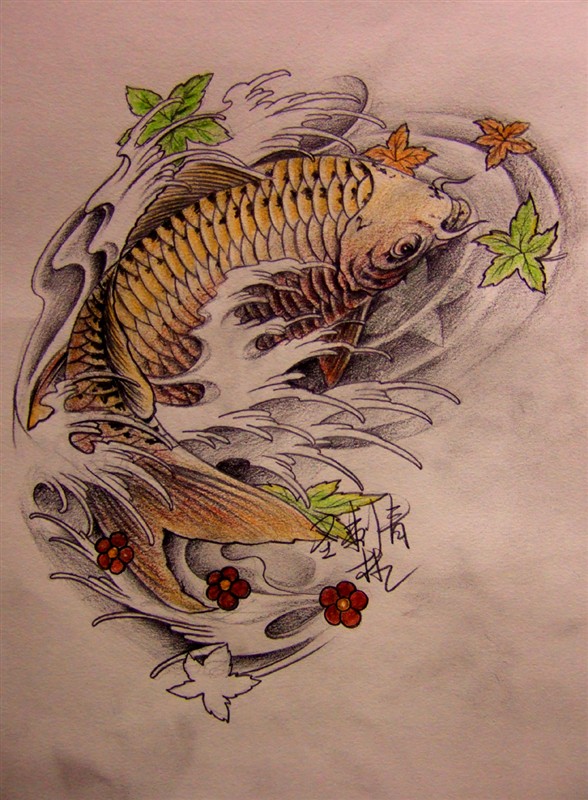 一款实用性的鲤鱼枫叶纹身图案图片