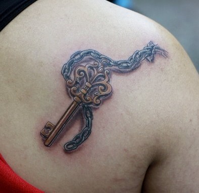 女人纹身图案大全：肩部钥匙链子纹身图案纹身图片