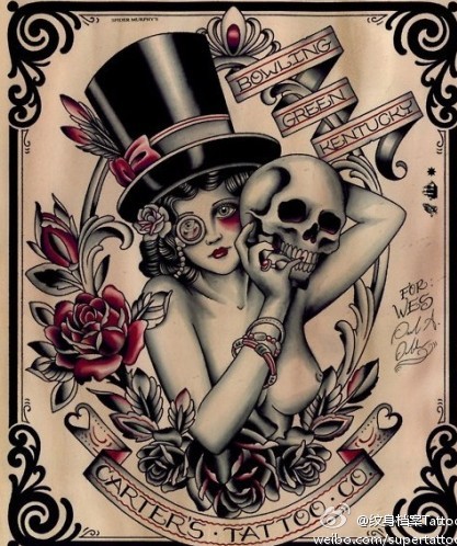 纹身图案大全：经典欧美美女骷髅花卉纹身图案图片