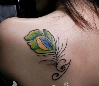 女生喜欢的肩背彩色羽毛纹身图案